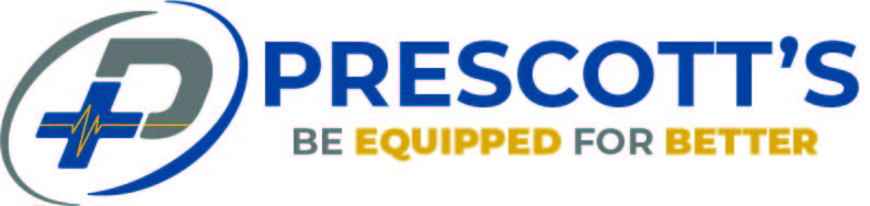 To the left is a bold italicized P, representing the Prescott’s brand and moving in a forward direction  Within the P is a heart rate monitor line indicating that we are a medical technology specialists.  Surrounding the P is a representation of light reflecting off of a microscope lens oriented in a circle.  Logo is followed by the name Prescott's and under the name is the tag line "Be Equipped for Better"
